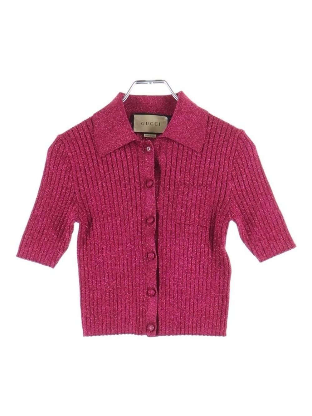 Gucci Rayon Polyester Rib Glitter Knit Cropped Length Polo Shirt #xs Pink
